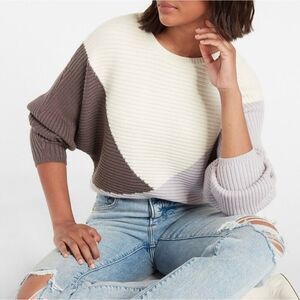 EXPRESS Ribbed Color Block Dolman Sleeve Sweater Lavender White Brown Size Large